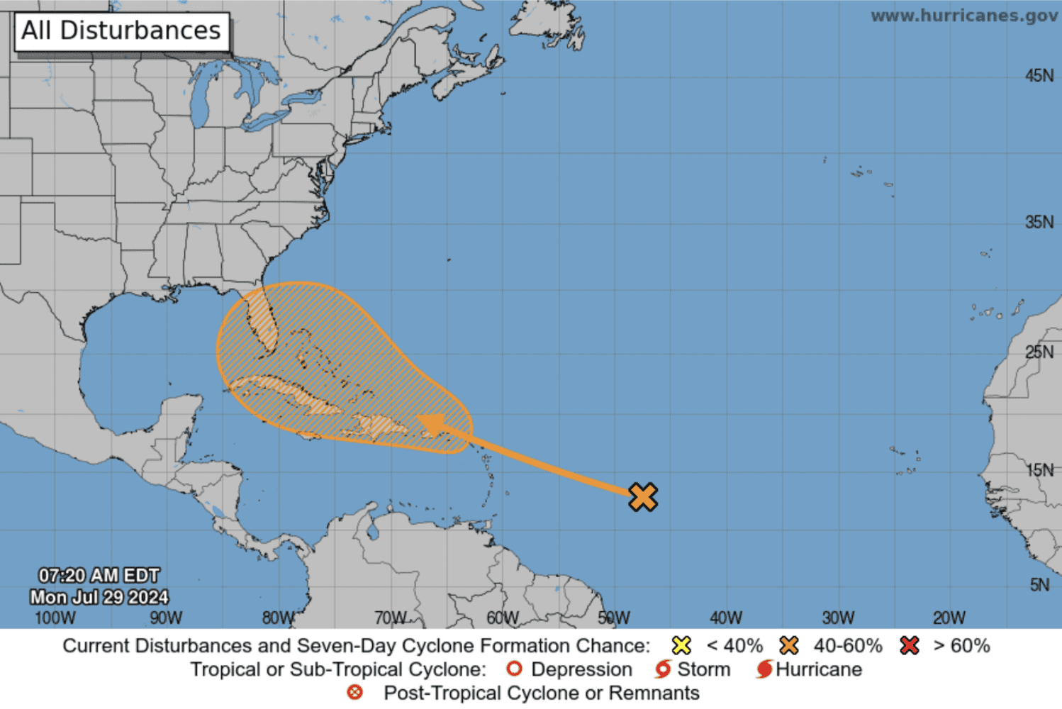 Atlantic disturbance has 50% chance of forming a cyclone in a week